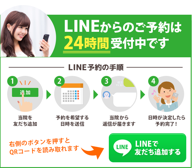 LINEからのご予約は 24時間受付中です。まずはここを押して当院を「友だち追加」してください。